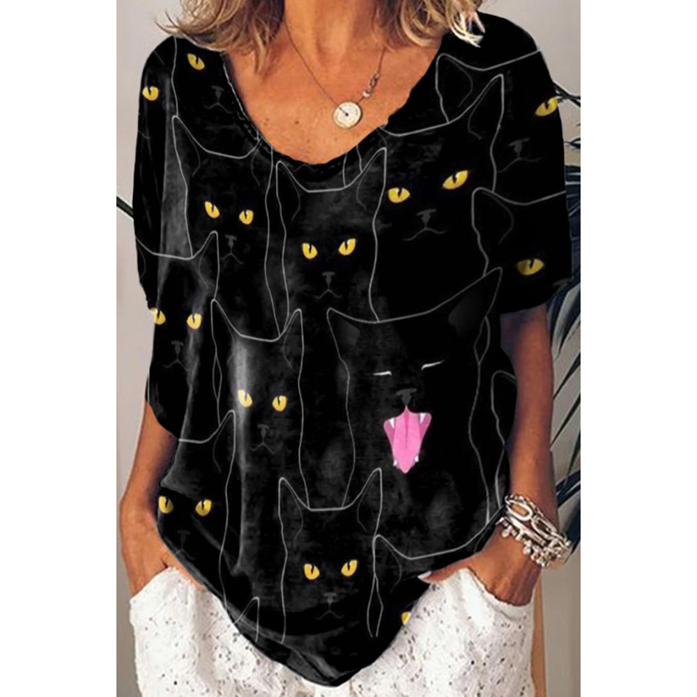 Casual Black Cat Print Short Sleeve T-Shirt
