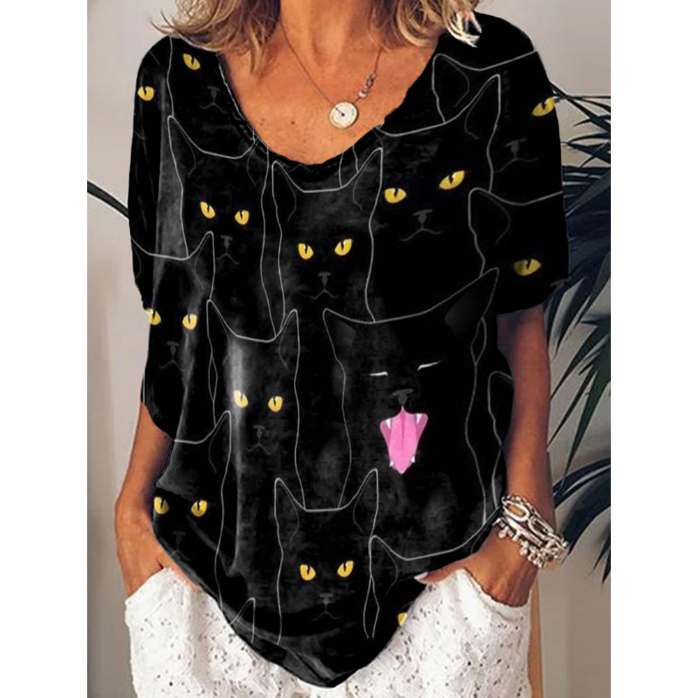 Casual Black Cat Print Short Sleeve T-Shirt