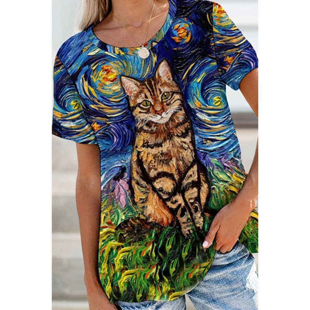 Casual Cat Oil Painting Print Short Sleeve T-Shirt