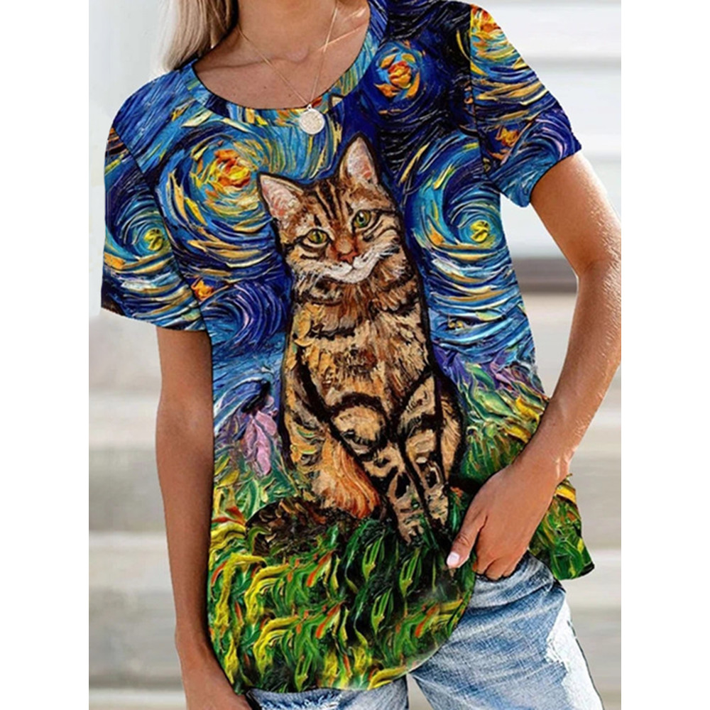 Casual Cat Oil Painting Print Short Sleeve T-Shirt