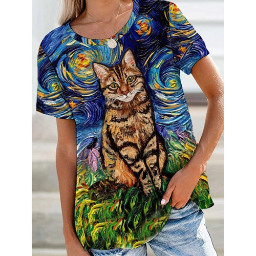 Casual Cat Oil Painting Print Short Sleeve T-Shirt