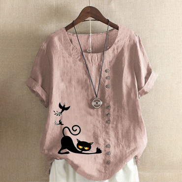 Casual Cat Print Cotton And Linen Blouse
