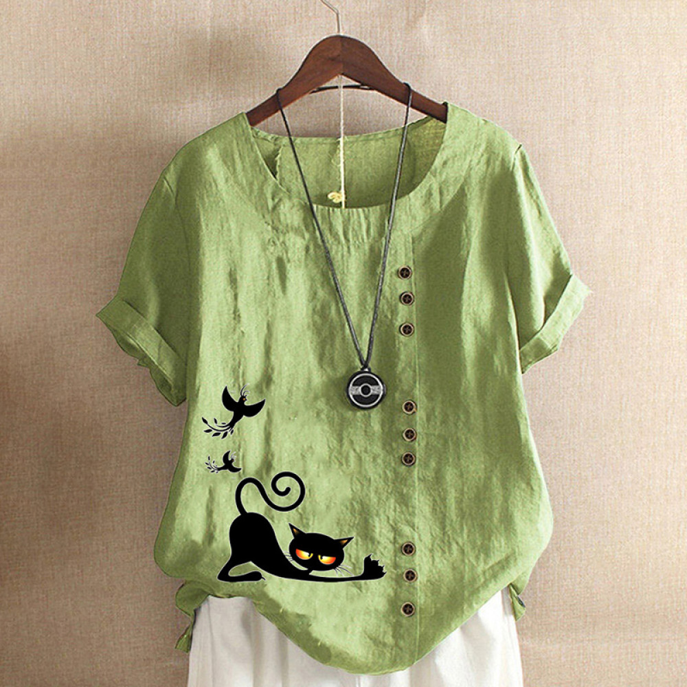 Casual Cat Print Cotton And Linen Blouse