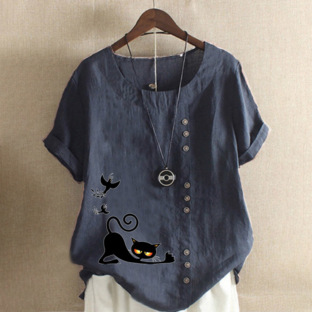Casual Cat Print Cotton And Linen Blouse