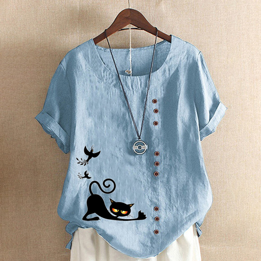 Casual Cat Print Cotton And Linen Blouse