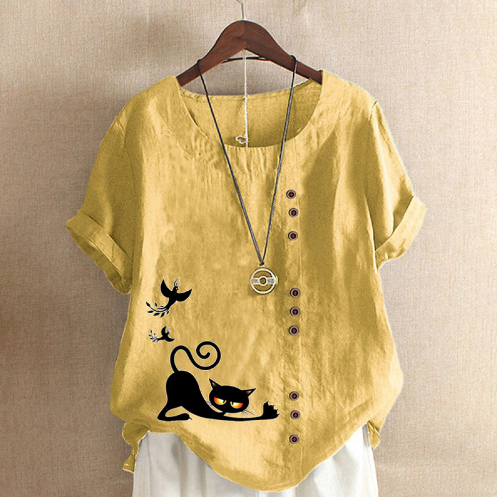 Casual Cat Print Cotton And Linen Blouse