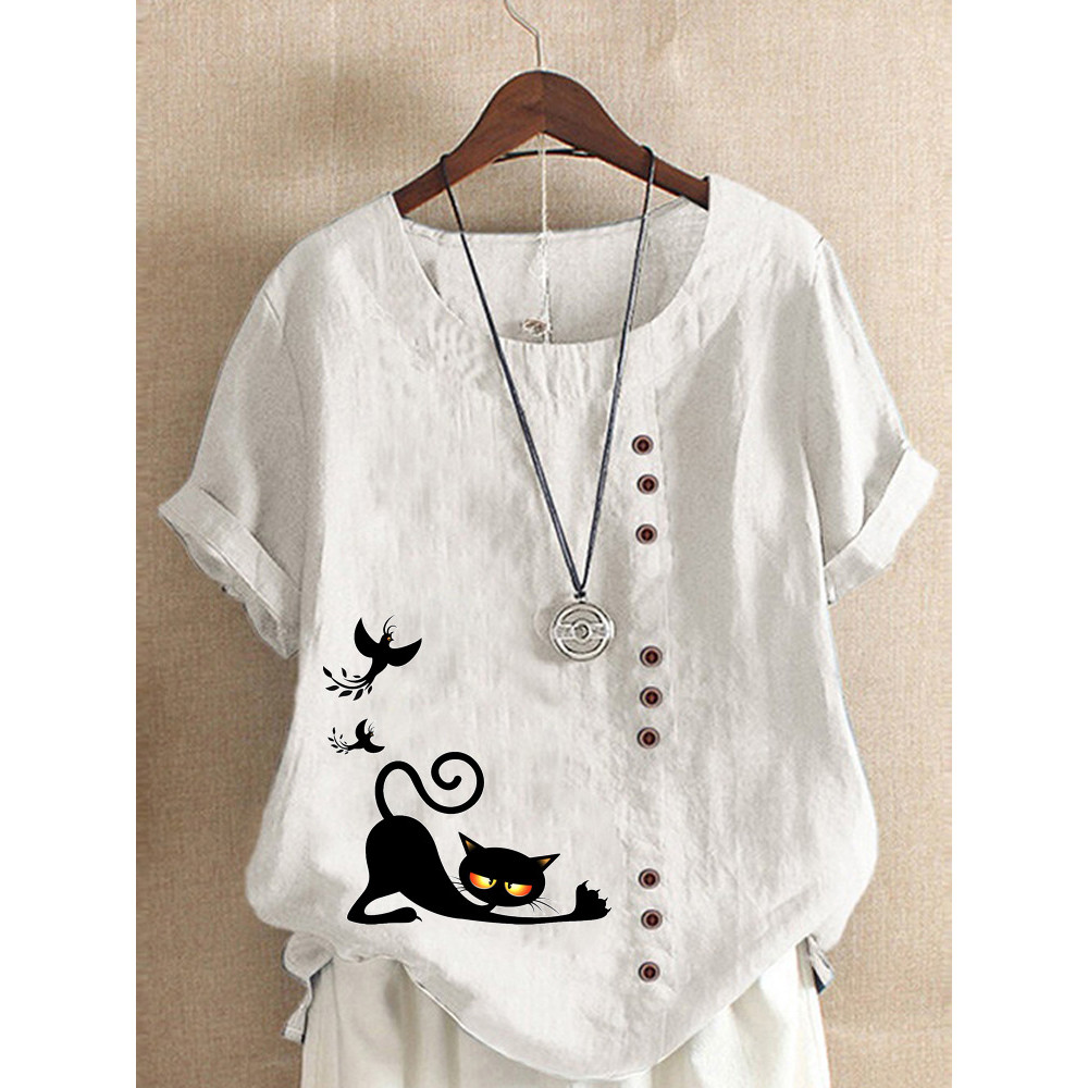 Casual Cat Print Cotton And Linen Blouse