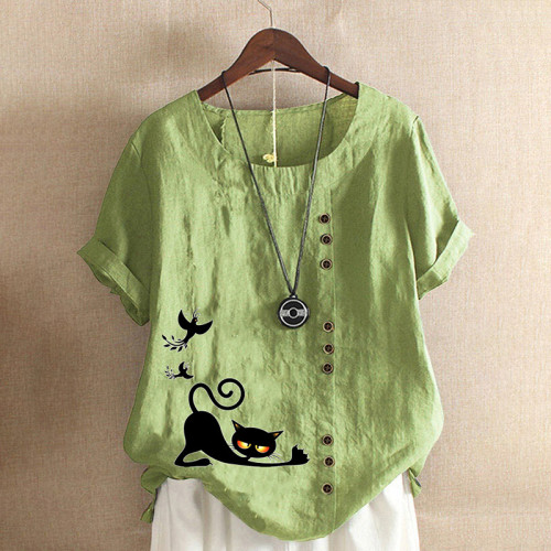 Casual Cat Print Cotton And Linen Blouse