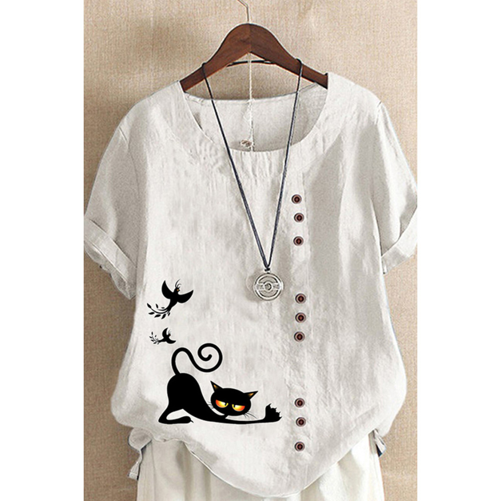 Casual Cat Print Cotton And Linen Blouse