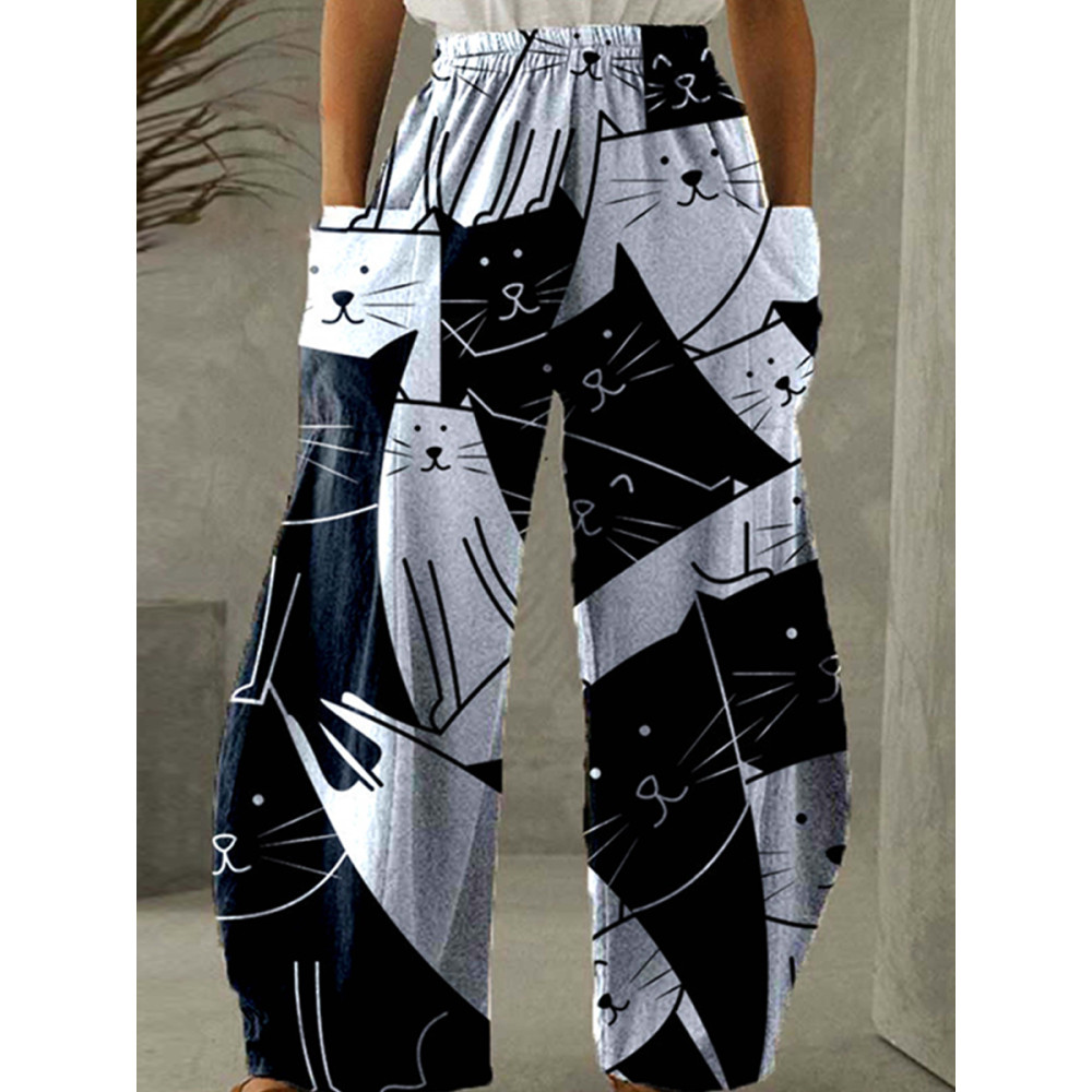 Casual Cat Print Pants