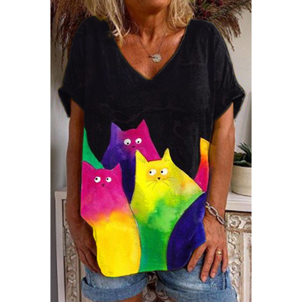 Casual Cat Print V-Neck T-Shirt