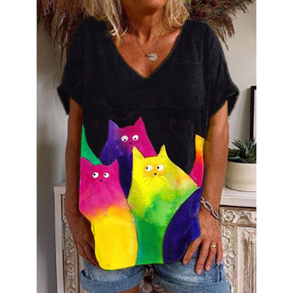 Casual Cat Print V-Neck T-Shirt