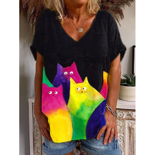 Casual Cat Print V-Neck T-Shirt