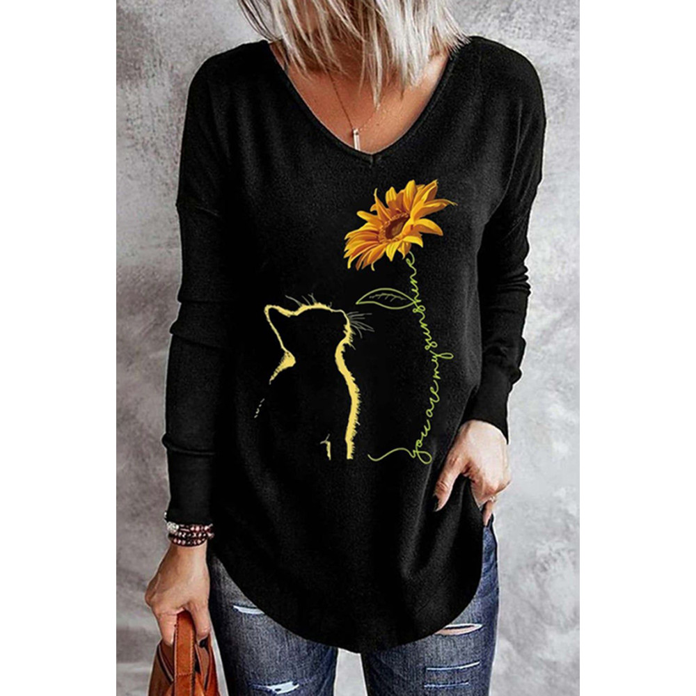 Casual Cat Sunflower Print Long Sleeve T-Shirt