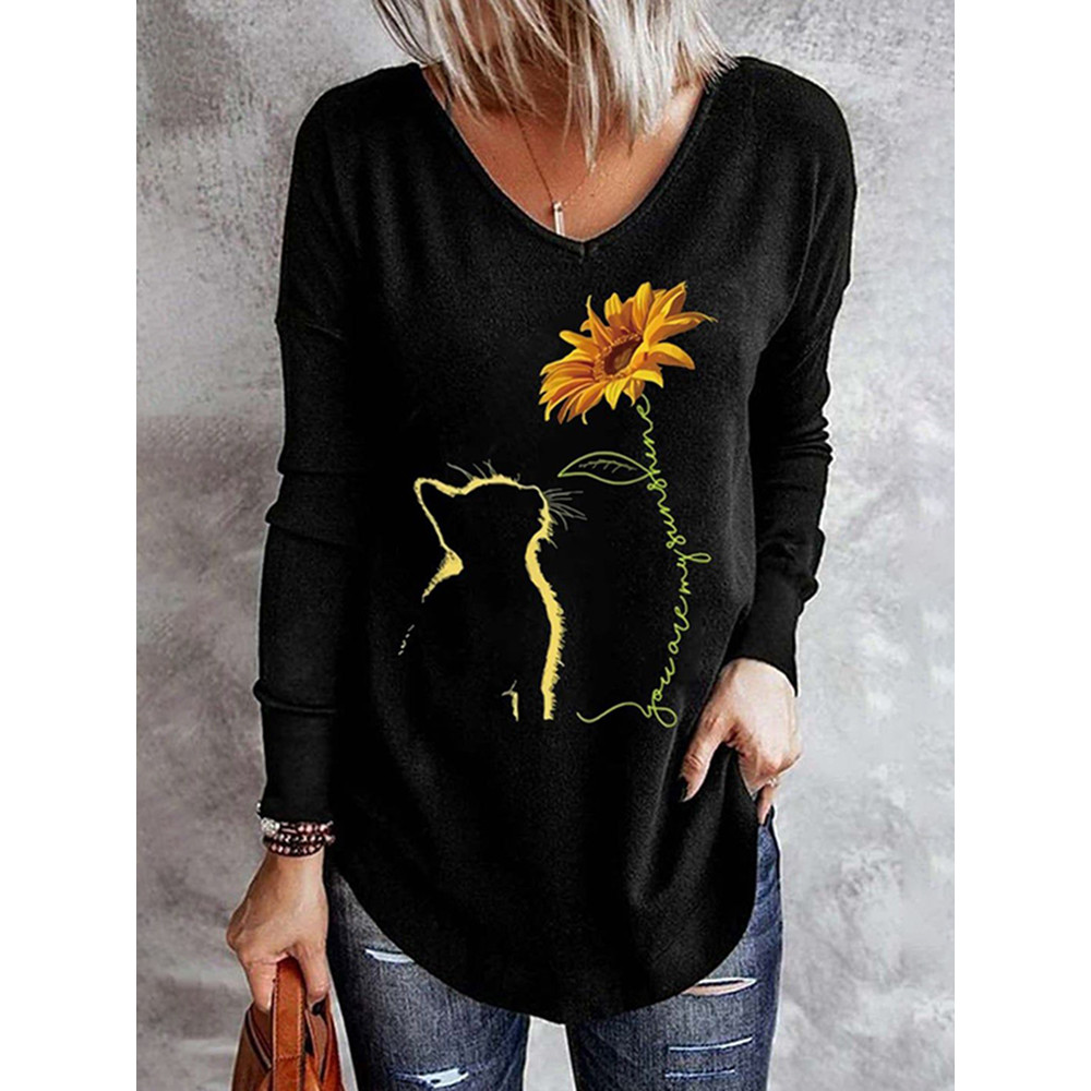 Casual Cat Sunflower Print Long Sleeve T-Shirt