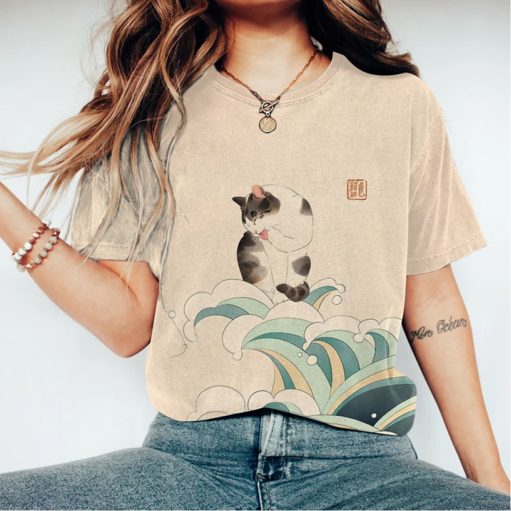 Casual Cat Waves Graphic Crew Neck Short Sleeve T-Shirt