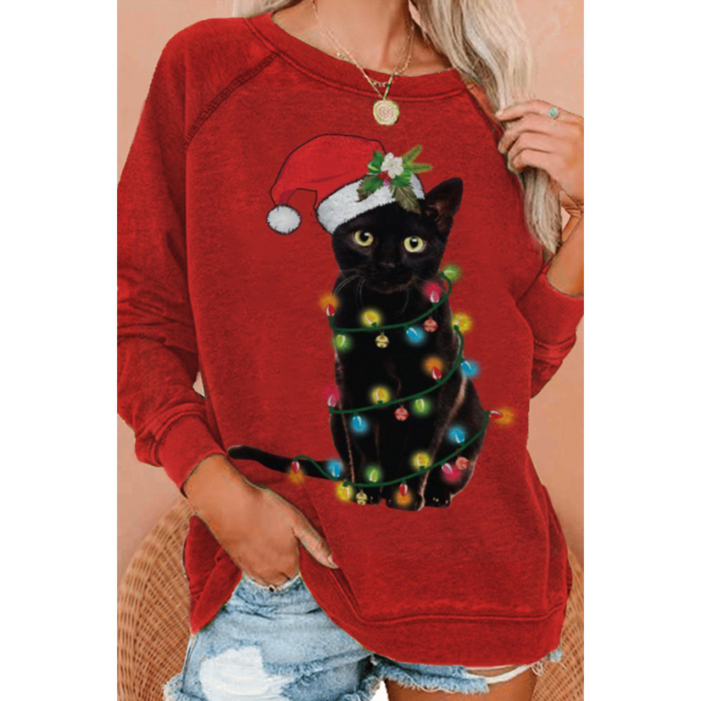 Casual Christmas Cat Print Long Sleeve Sweatshirt