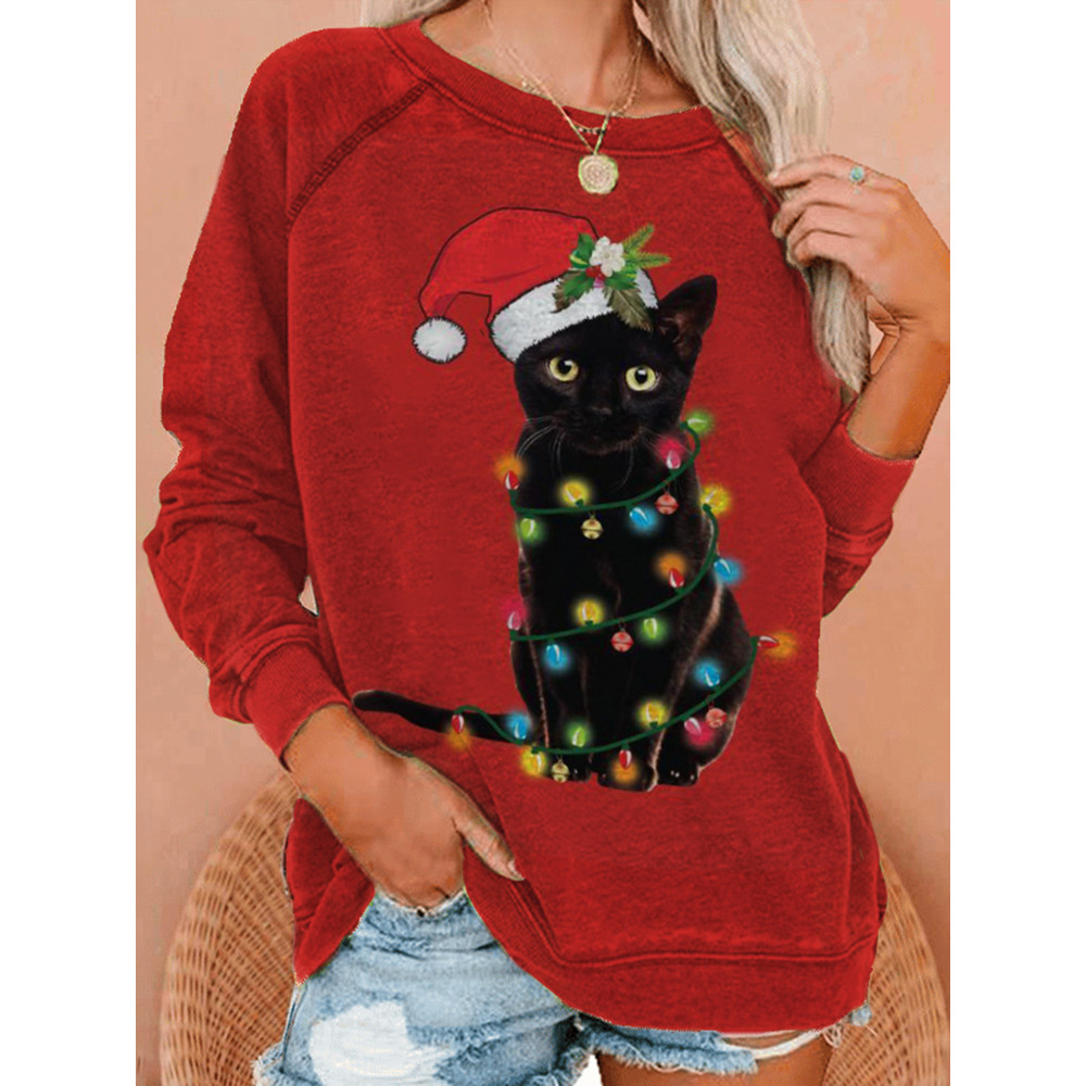Casual Christmas Cat Print Long Sleeve Sweatshirt