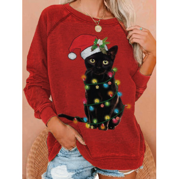 Casual Christmas Cat Print Long Sleeve Sweatshirt