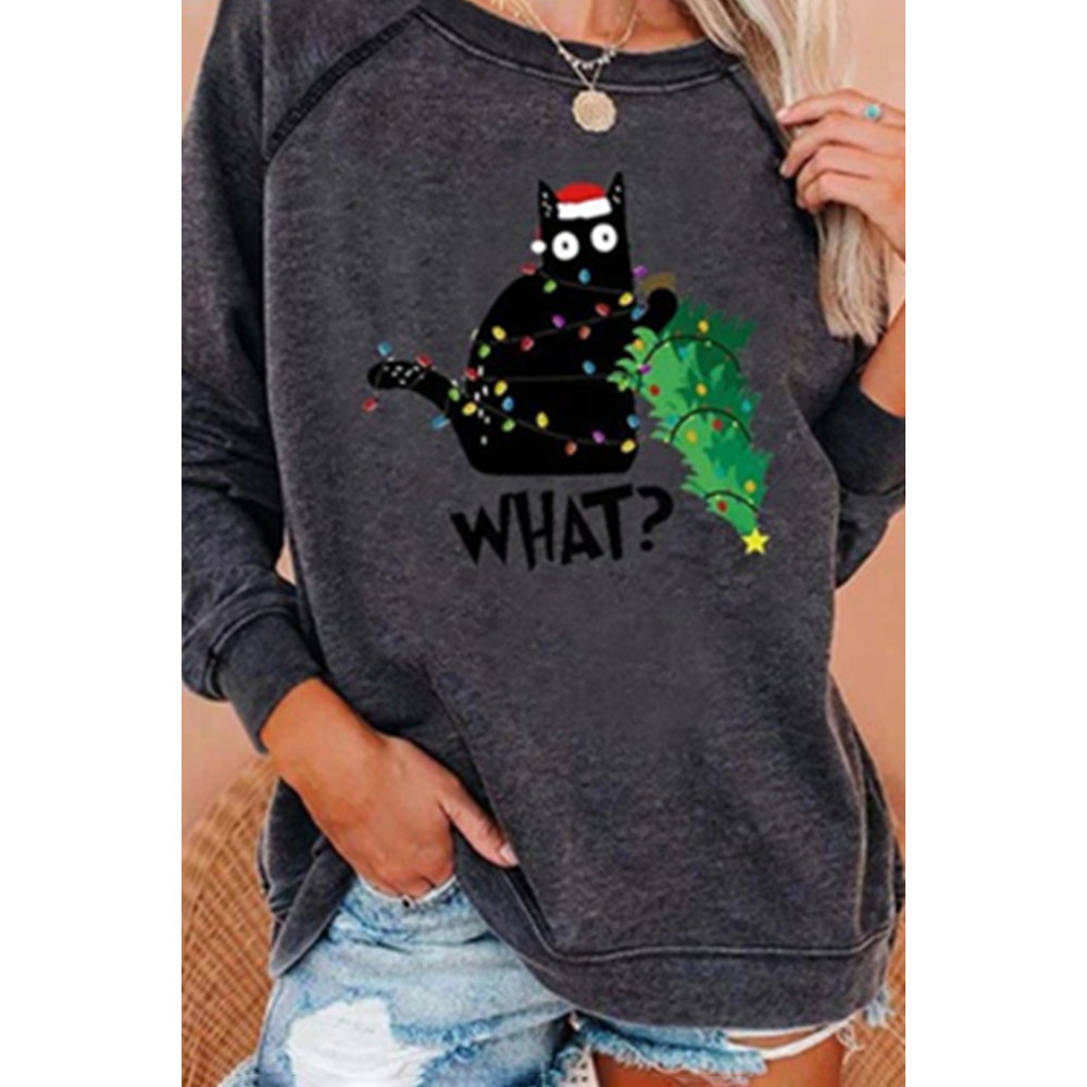Casual Christmas Tree Cat Print Sweatshirt