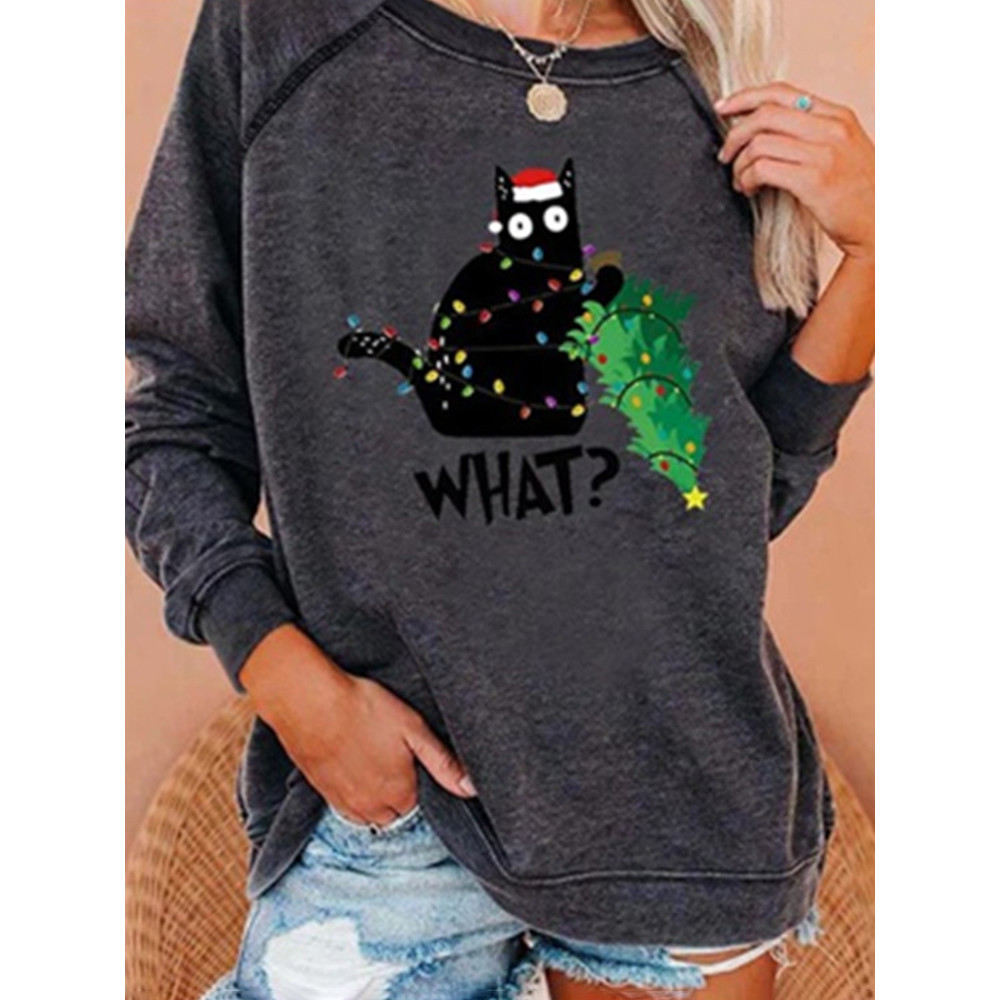 Casual Christmas Tree Cat Print Sweatshirt