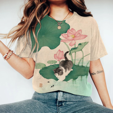 Casual Cute Cat And  Lotus Print Crew Neck T-Shirt