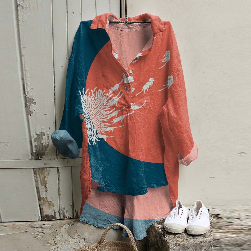 Casual Dandelion and Cat Printed Long Sleeve Tunic