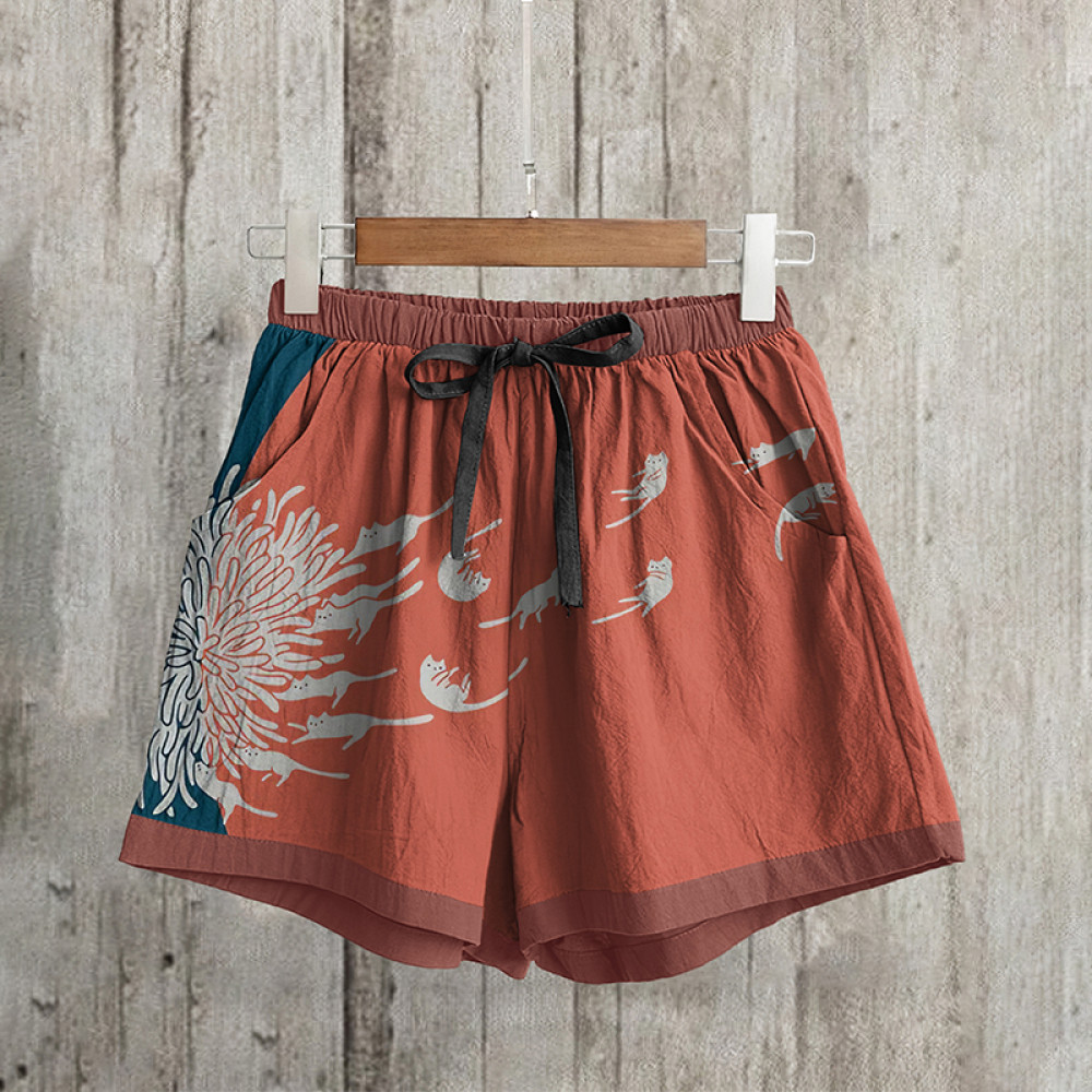 Casual Dandelion and Cat Printed Loose Shorts