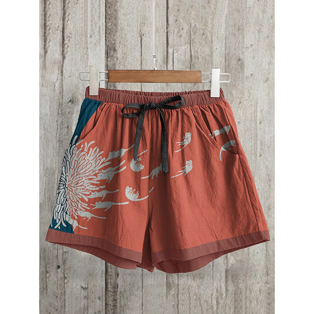 Casual Dandelion and Cat Printed Loose Shorts