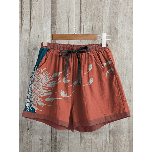 Casual Dandelion and Cat Printed Loose Shorts