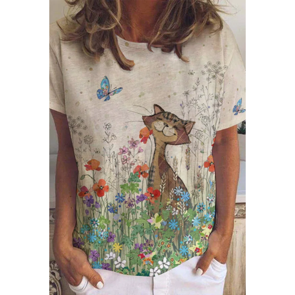 Casual Floral Cat Print Crew Neck Short Sleeve T-Shirt