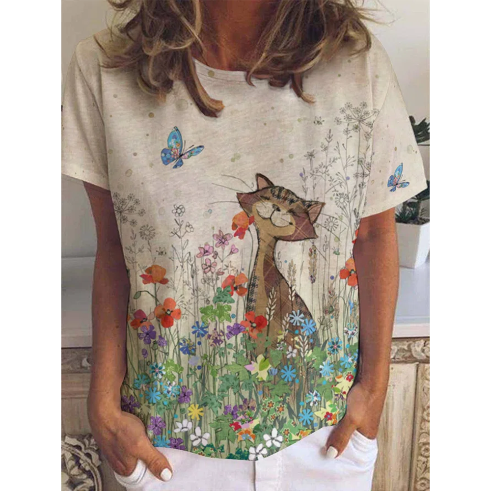 Casual Floral Cat Print Crew Neck Short Sleeve T-Shirt