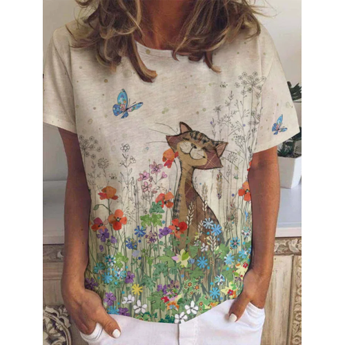Casual Floral Cat Print Crew Neck Short Sleeve T-Shirt