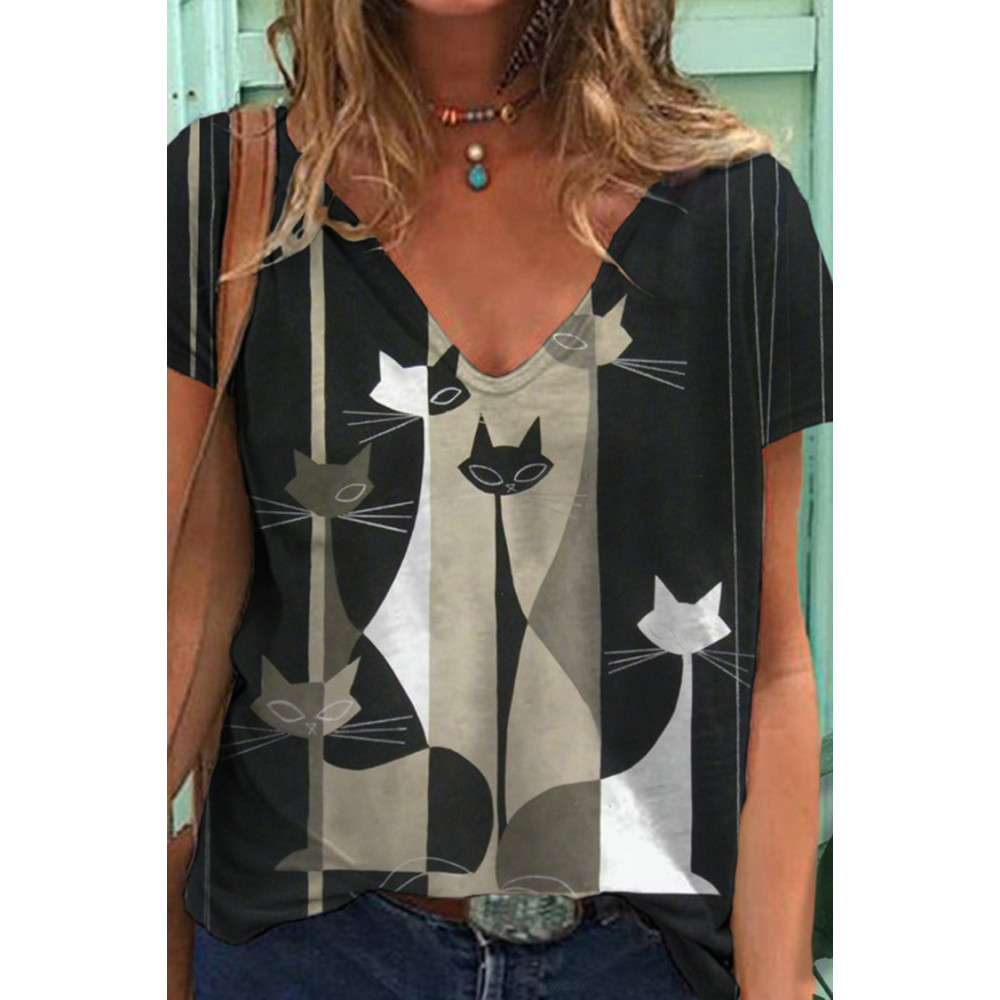 Casual Loose Colorblock Cat Print T-Shirt