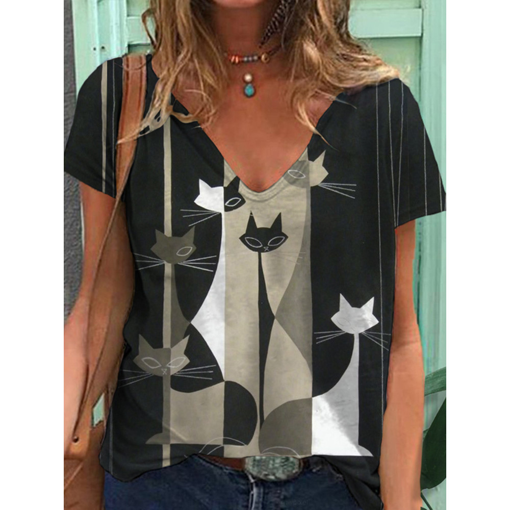 Casual Loose Colorblock Cat Print T-Shirt