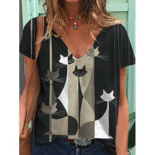 Casual Loose Colorblock Cat Print T-Shirt