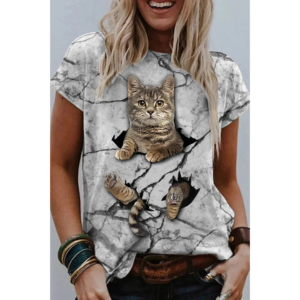 Casual Marble Cat Print Short Sleeve T-Shirt