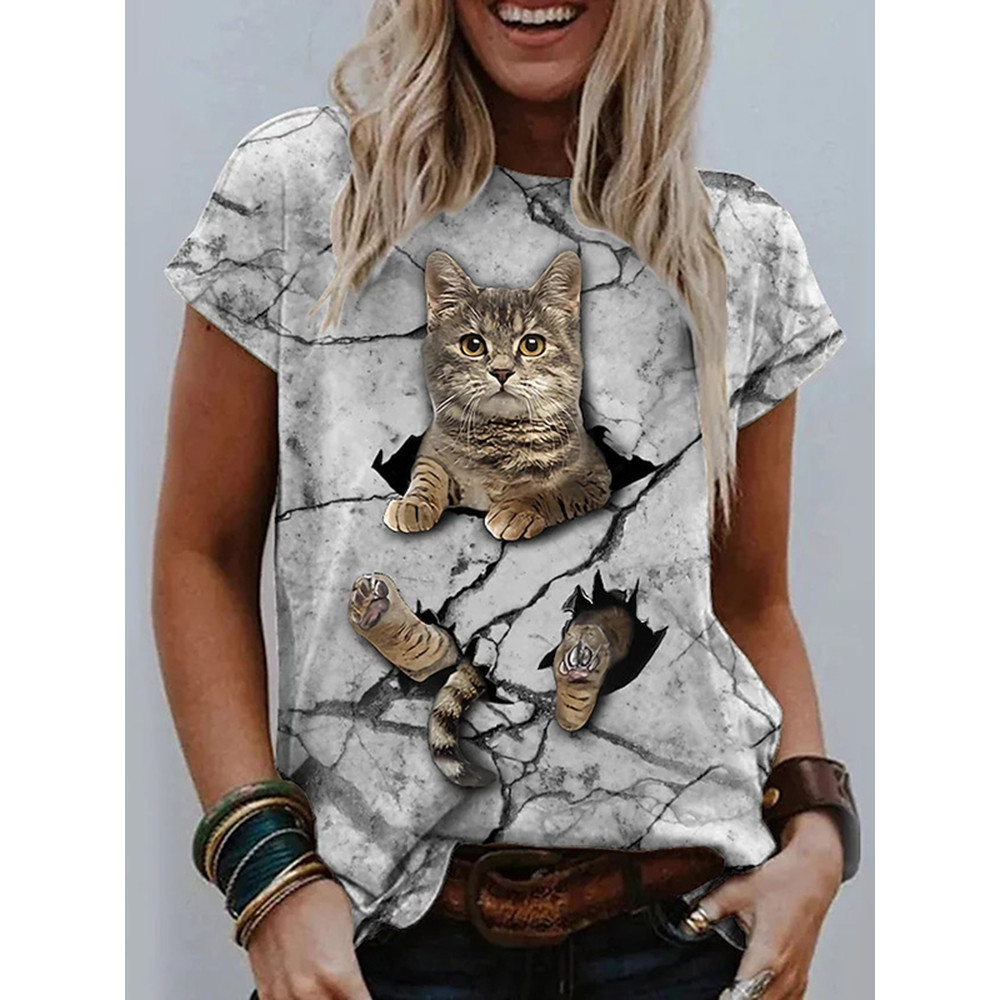 Casual Marble Cat Print Short Sleeve T-Shirt