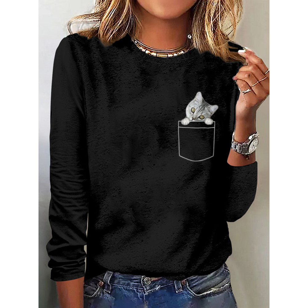Casual Pocket Cat Print T-Shirt