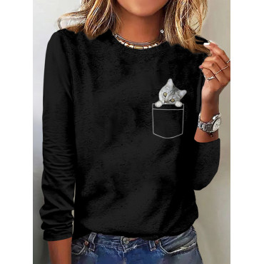 Casual Pocket Cat Print T-Shirt