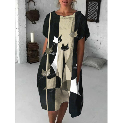 Cat Abstract Print Midi Dress
