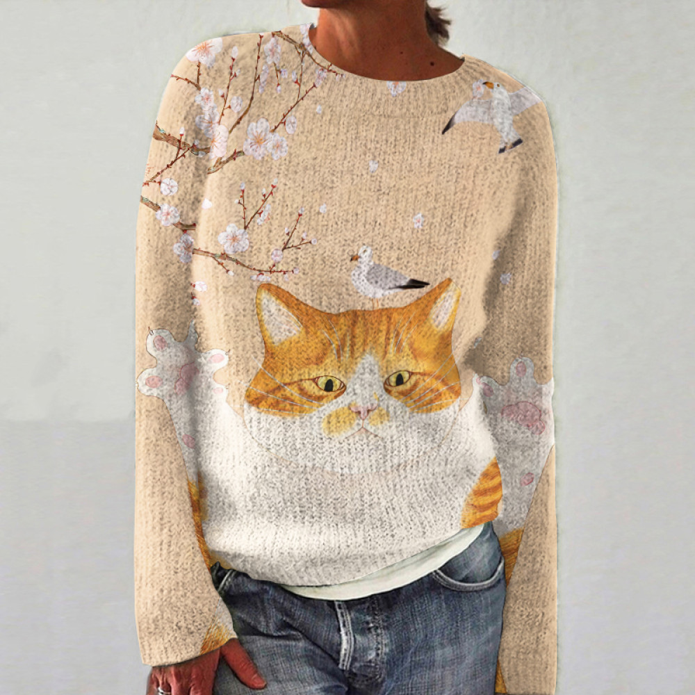Cat And Birds Pattern Art Crew Neck Cozy Sweater