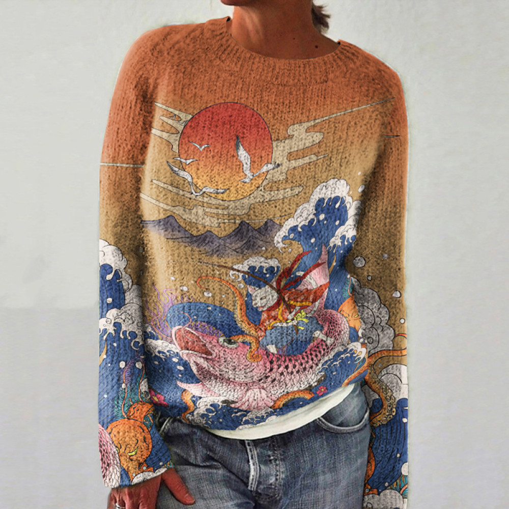 Cat And Spray Pattern Art Crew Neck Cozy Sweater