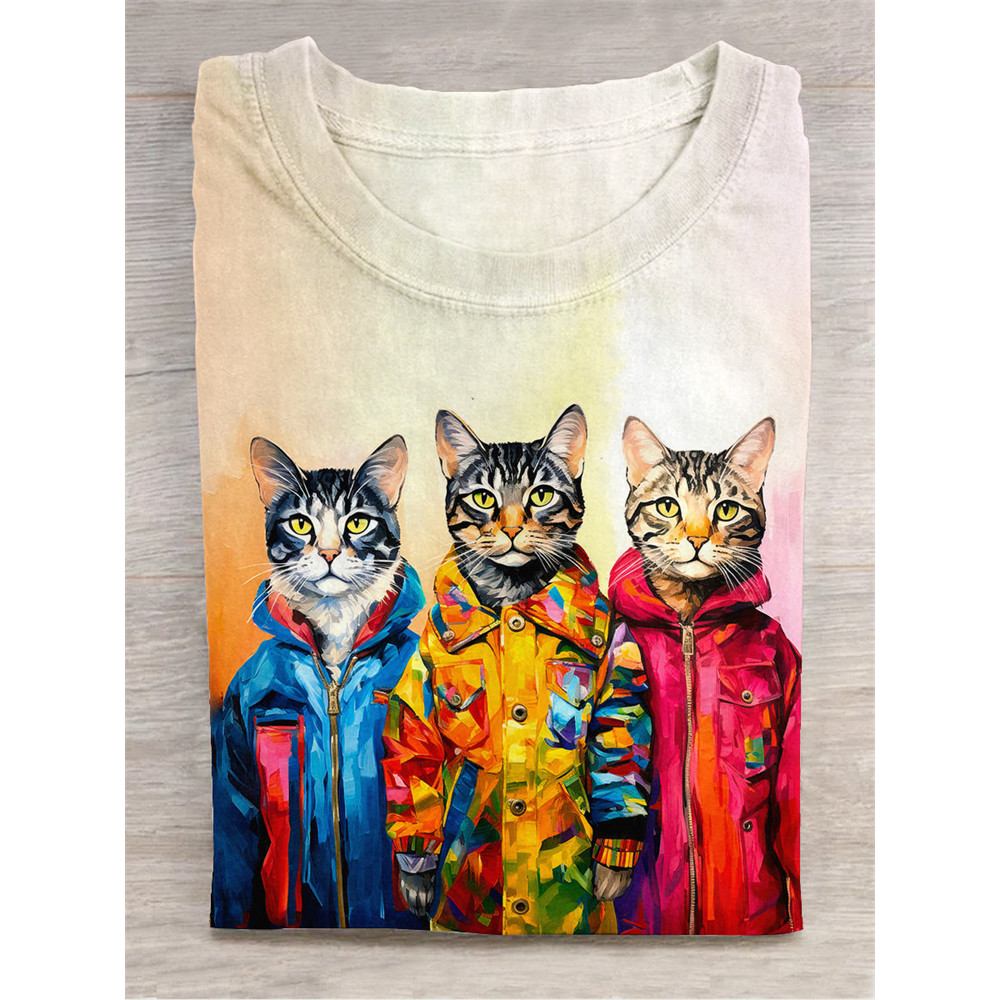 Cat Art Print Crew Neck Short Sleeve T-Shirt