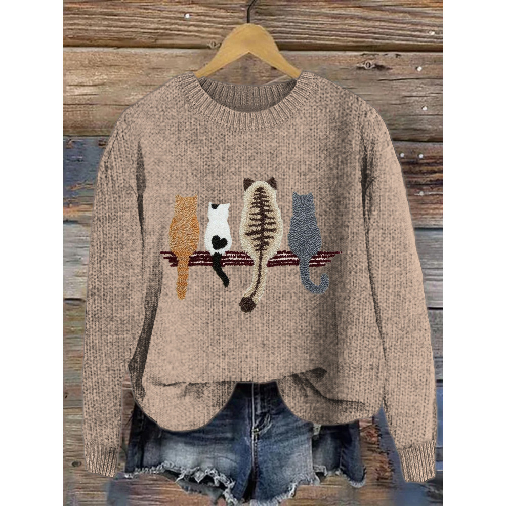 Cat Back Embroidery Print Cozy Sweater
