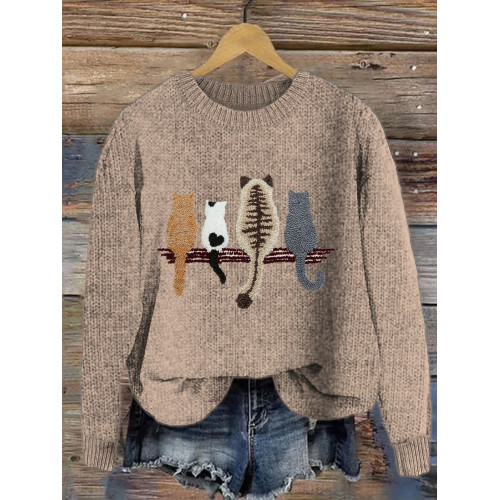 Cat Back Embroidery Print Cozy Sweater