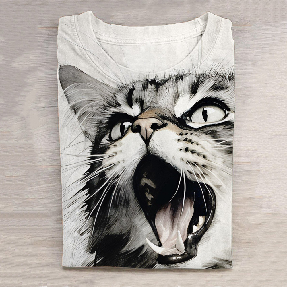 Cat Black And White Gray Art Print Casual T-Shirt