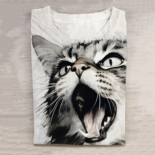 Cat Black And White Gray Art Print Casual T-Shirt