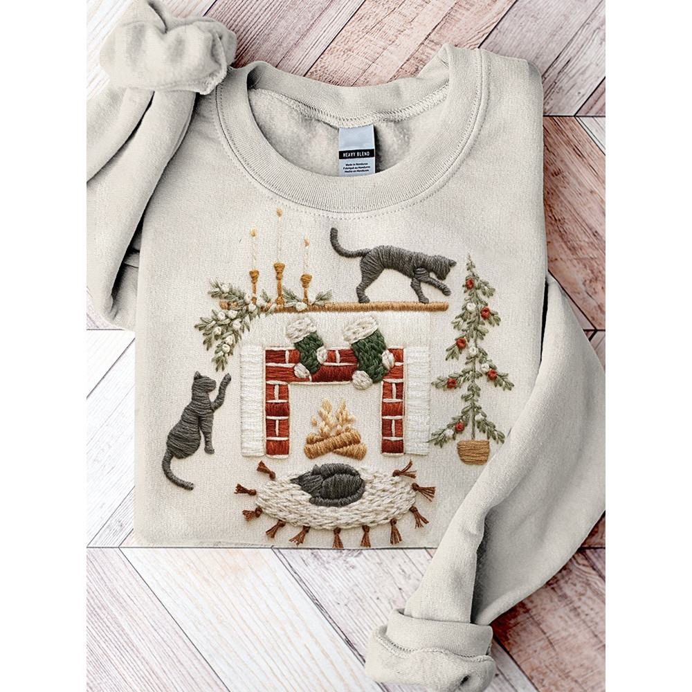 Cat Christmas Fireplace Embroidery Art Casual Cozy Sweatshirt