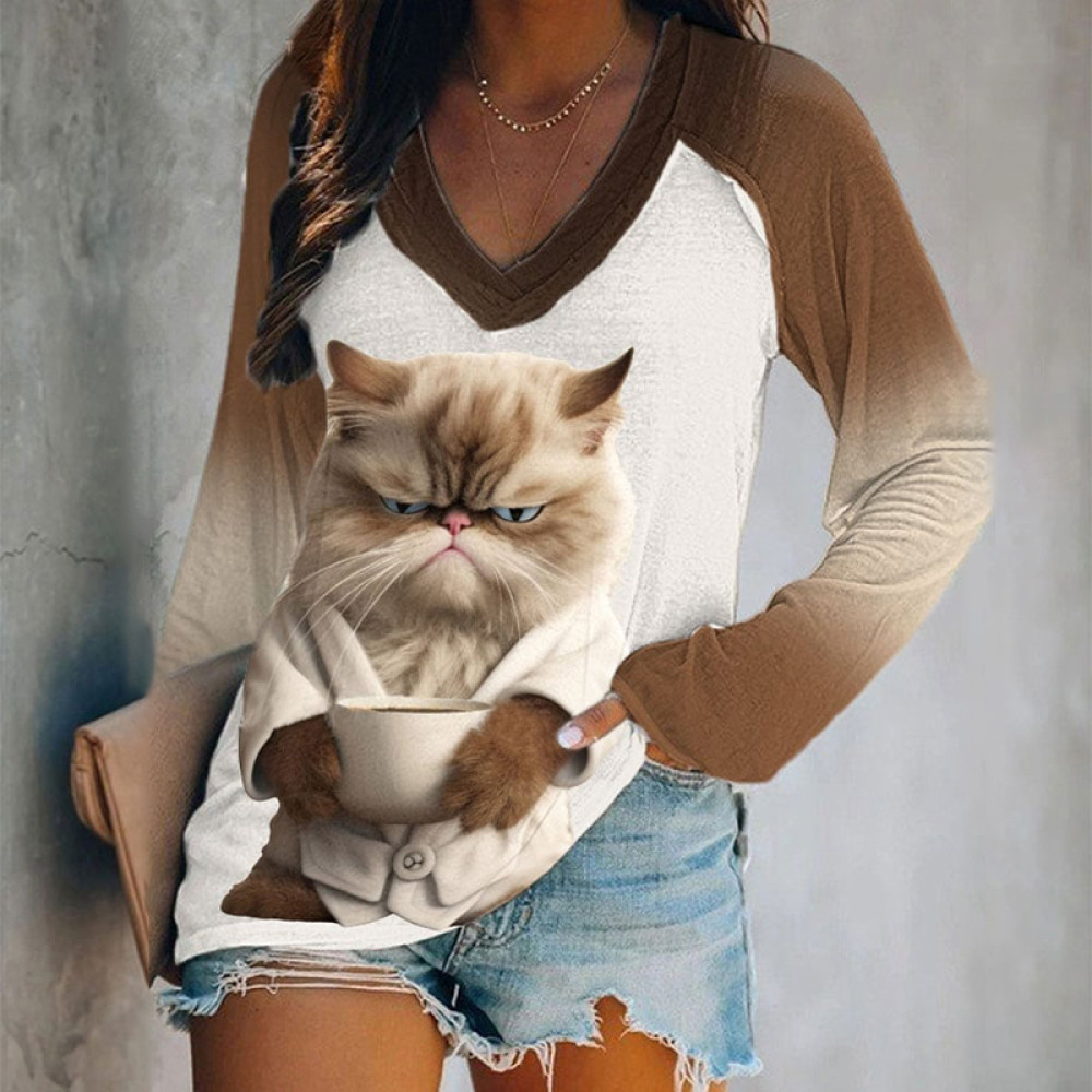 Cat Coffee Print Long Sleeve V-Neck T-Shirt